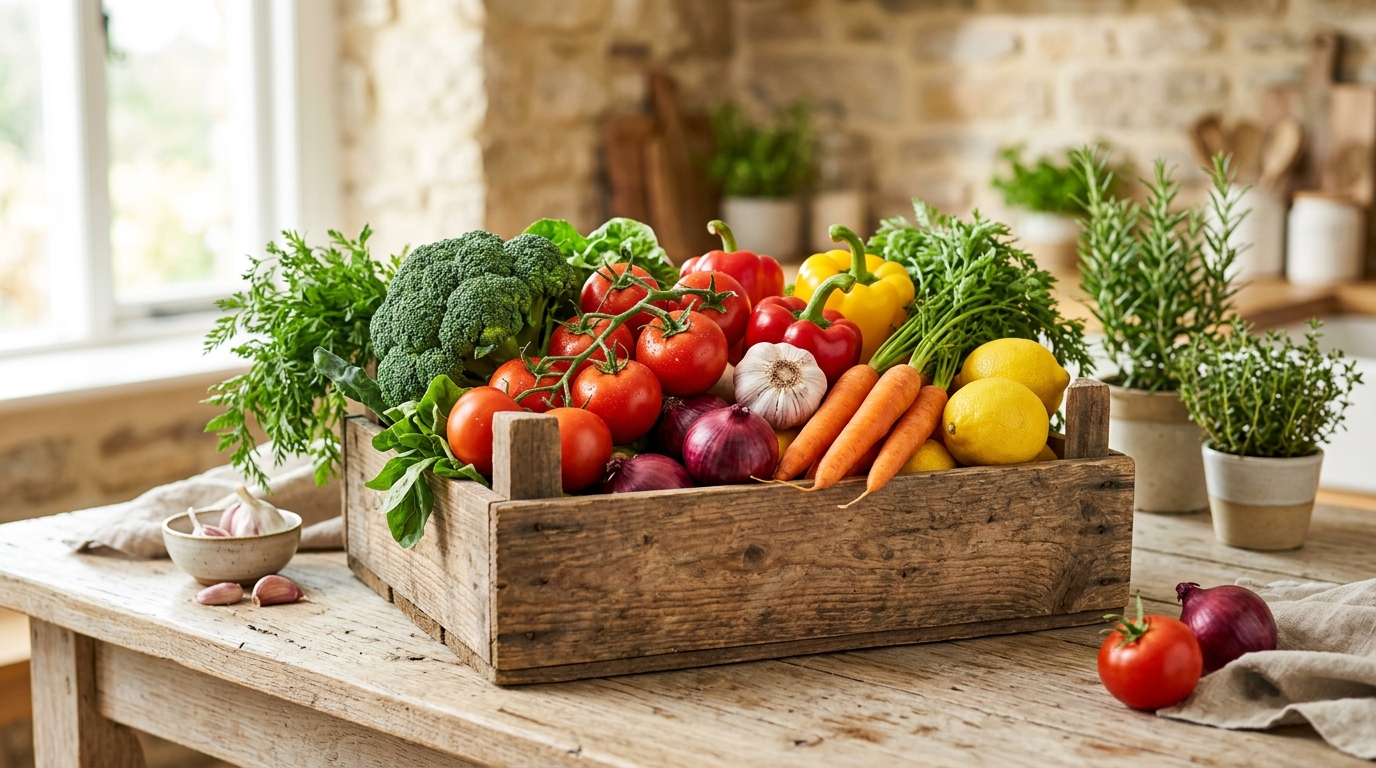 Fresh Fruits and Vegetables in Rustic Wooden Crate